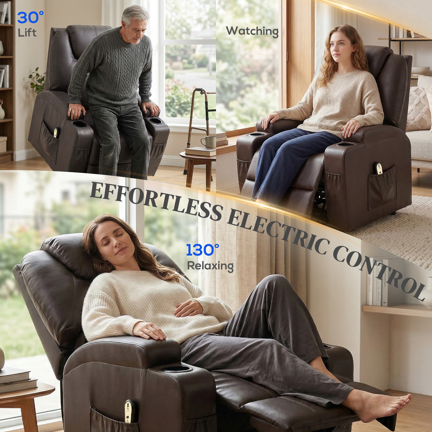 Power Lift Recliner Chair for Elderly, PU Leather Lift Chair with Thick and High Back, Footrest, Remote, Side Pockets, Cup Holders, Reclining Sofa for Living Room, Brown