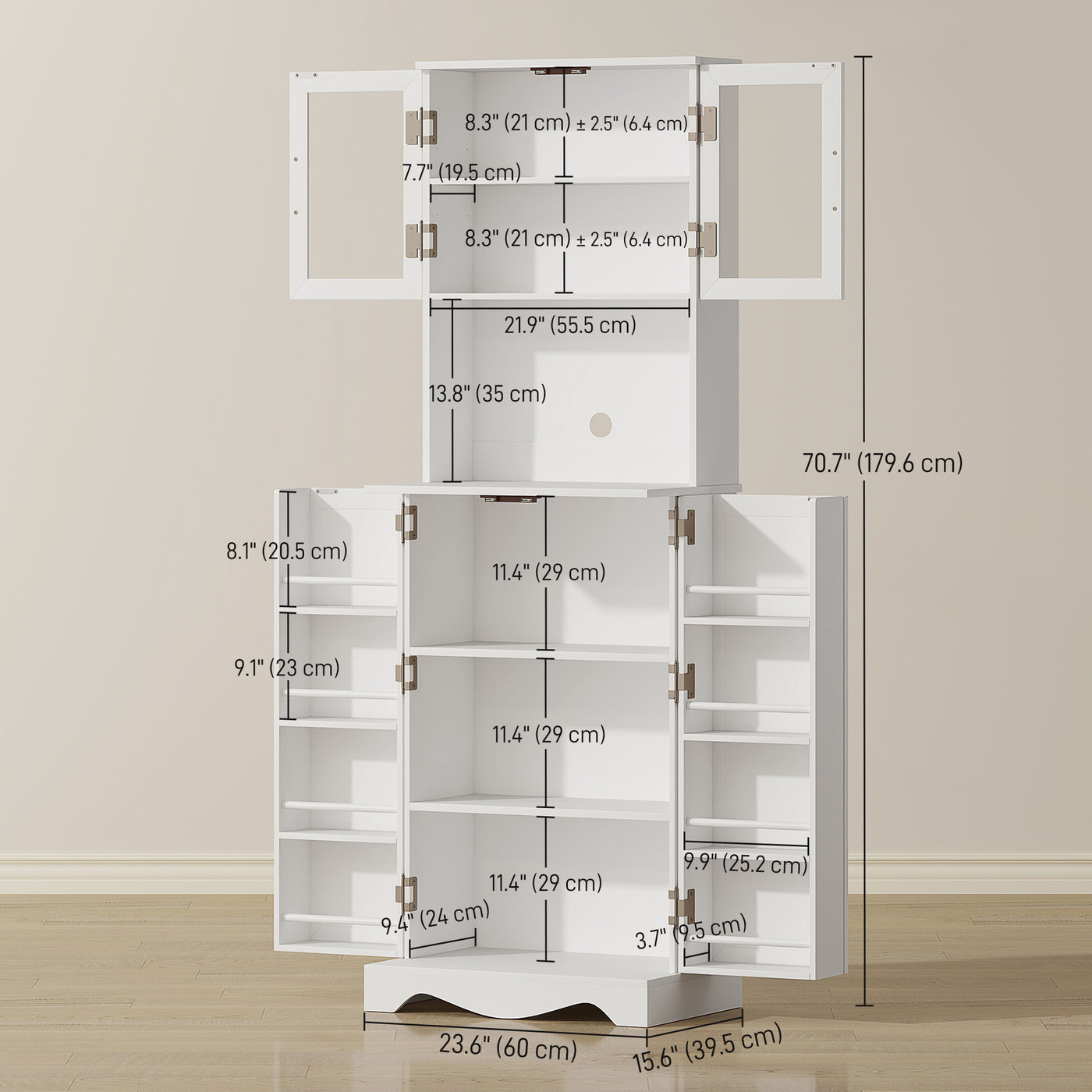 71" Kitchen Pantry Cabinet, Freestanding Kitchen Hutch with 8 Door Shelves, Adjustable Shelf and Acrylic Doors, White