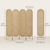 Bohemian Privacy Screen, Folding Room Divider with 4 Panels and Arched Top for Bedroom Living Room Office, Natural Wood