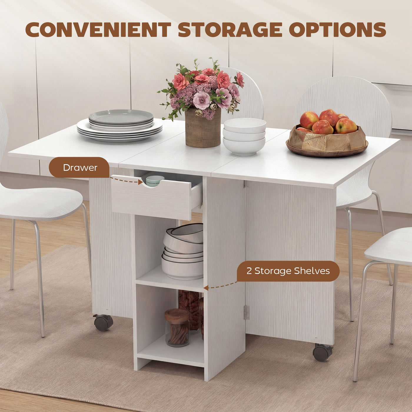 Folding Dining Table with Storage, Drop Leaf Kitchen Table with Drawer and Shelves for Small Spaces, White