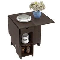 Folding Dining Table, Space Saving Drop Leaf Table with Drawer and Storage Shelves for Kitchen, Dining Room, Dark Brown