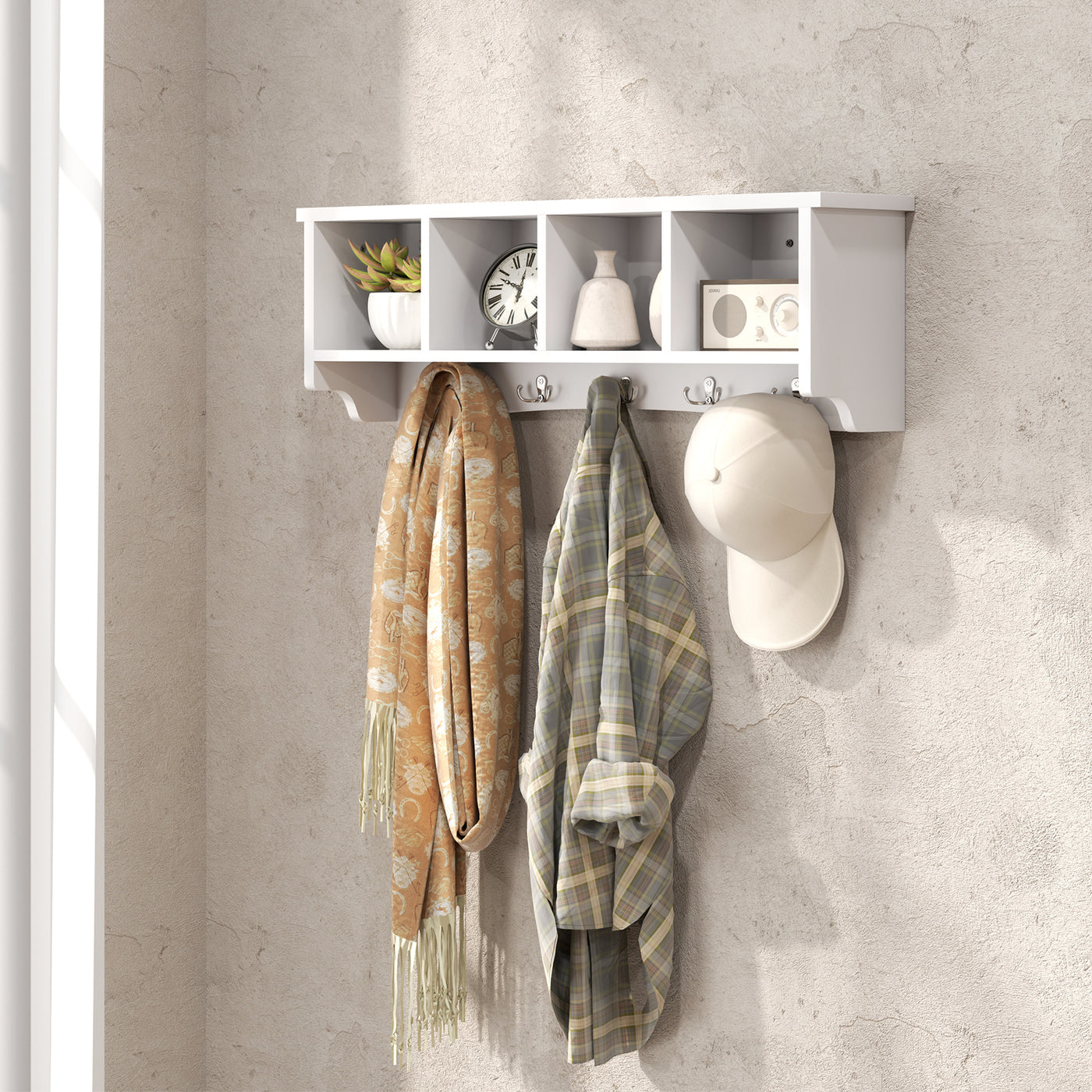 Coat Rack Wall Mount with Shelf, 28" Wall Coat Rack with 5 Hooks and 4 Compartments for Living Room, Entryway, White