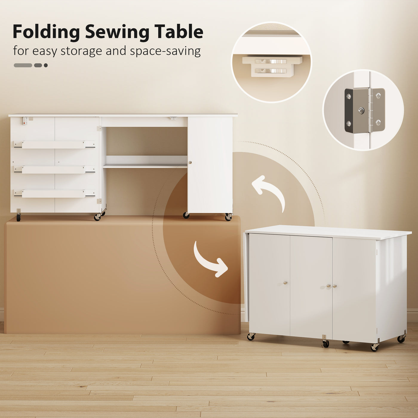 Sewing Machine Table with Drop Leaf, Folding Craft Table with 2 Doors and Adjustable Shelf for Small Spaces, White
