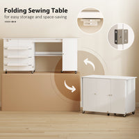 Sewing Machine Table with Drop Leaf, Folding Craft Table with 2 Doors and Adjustable Shelf for Small Spaces, White