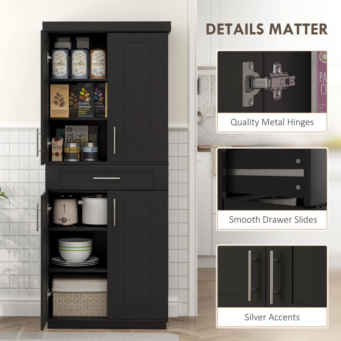 72" Storage Cabinet, Freestanding Kitchen Pantry Cabinet with 4 Doors, Drawer and 3 Adjustable Shelves, Black