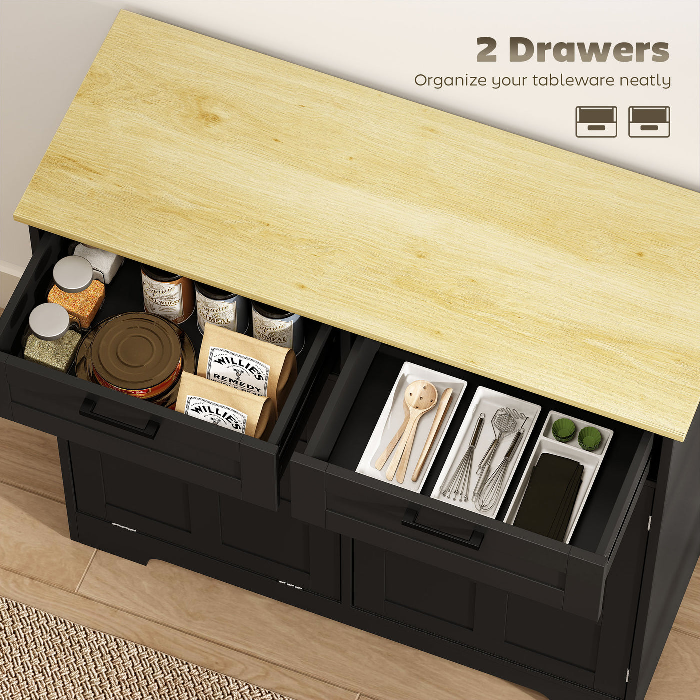 13 Gallon Tilt Out Garbage Cabinet, Kitchen Island with Trash Cabinet, 2 Drawers, Door Racks, Adjustable Shelves, Black