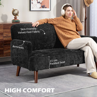 Velvet Feel Fabric 2 Seater Sofa, Small Sofa Loveseat with 8.3" Thick Padding and Wood Legs, Black