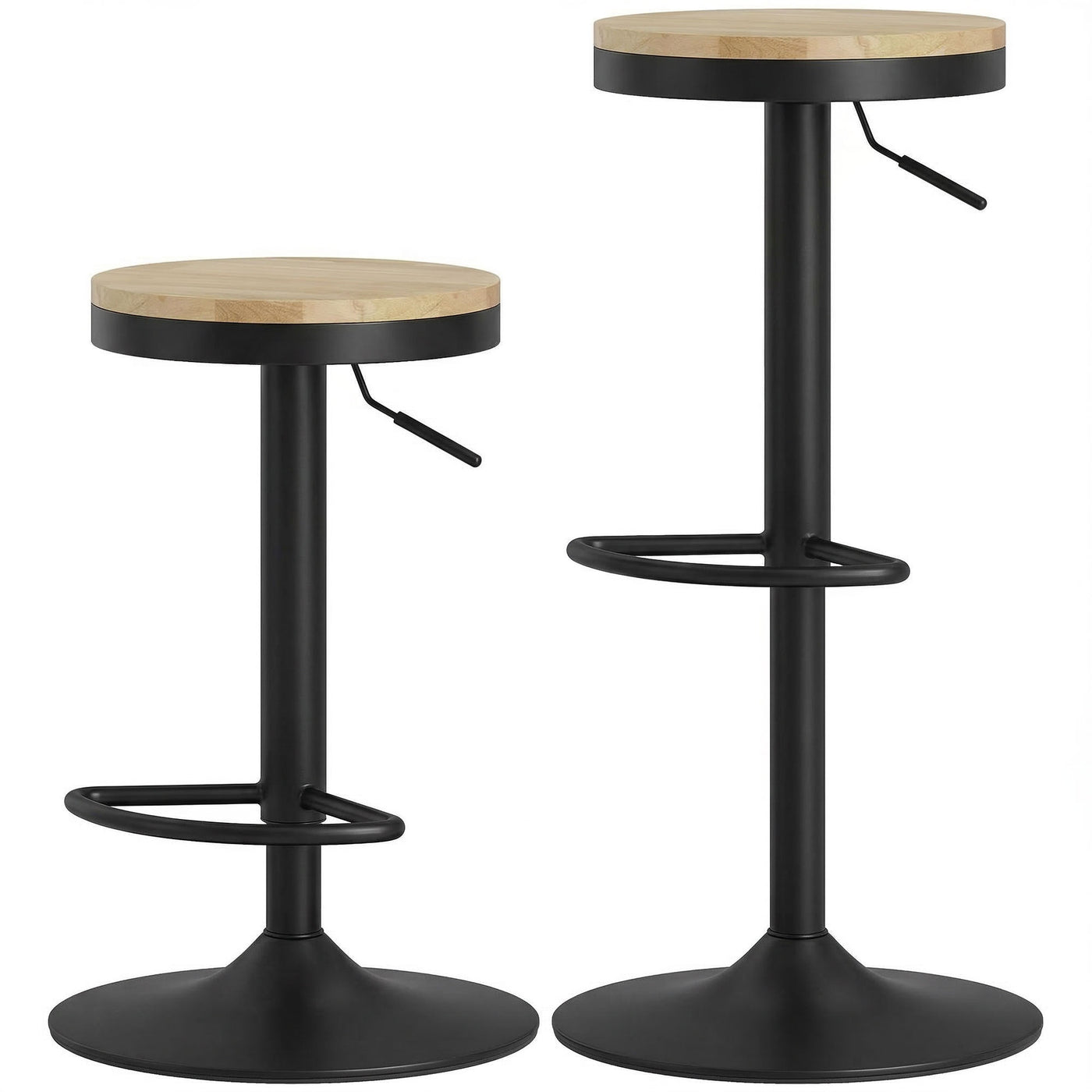 Wood Barstools Set of 2, Swivel Bar Stools with Adjustable Height for Kitchen Counter, Natural Wood and Black