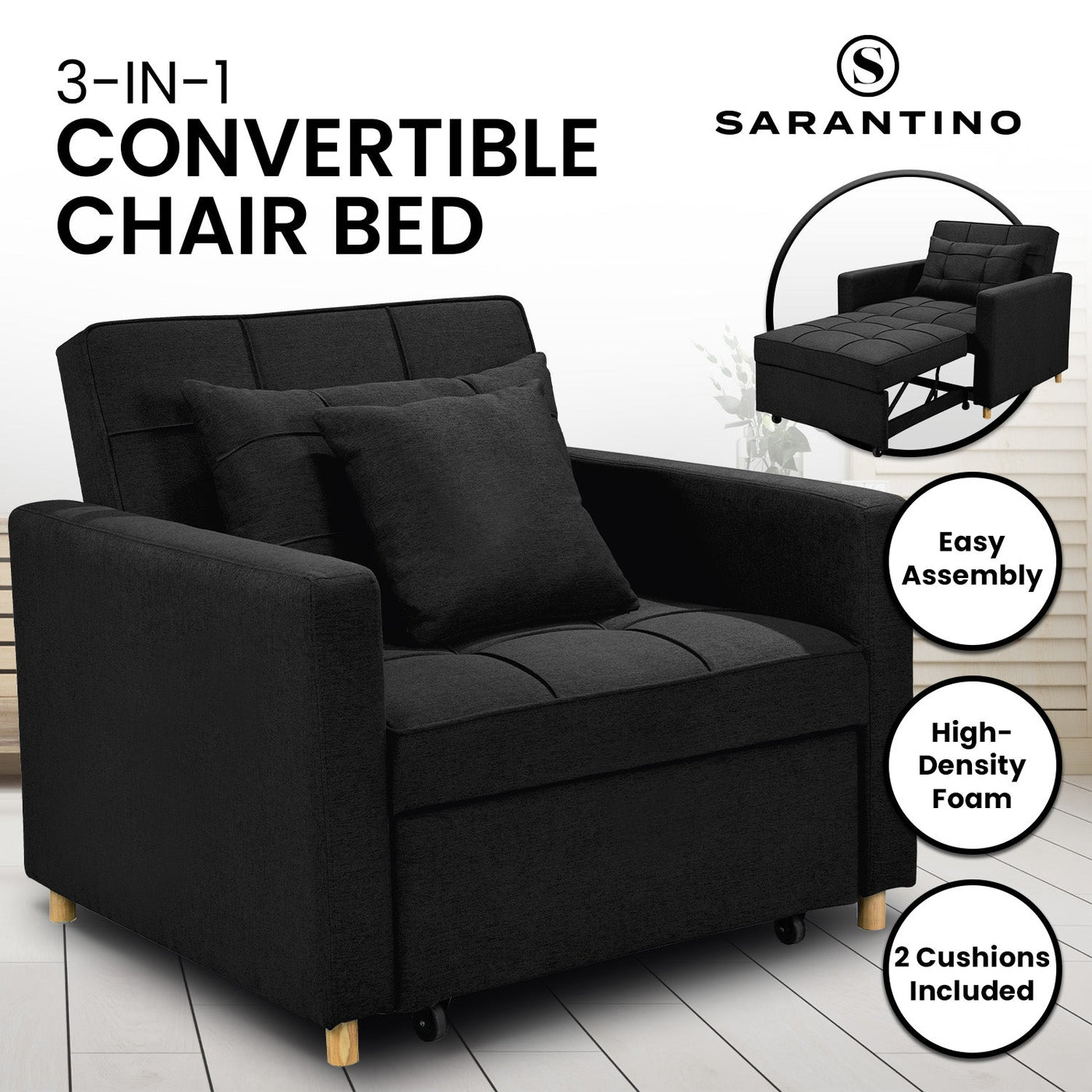 NNEDPE 3-in-1 Convertible Lounge Chair Bed by - Black-1