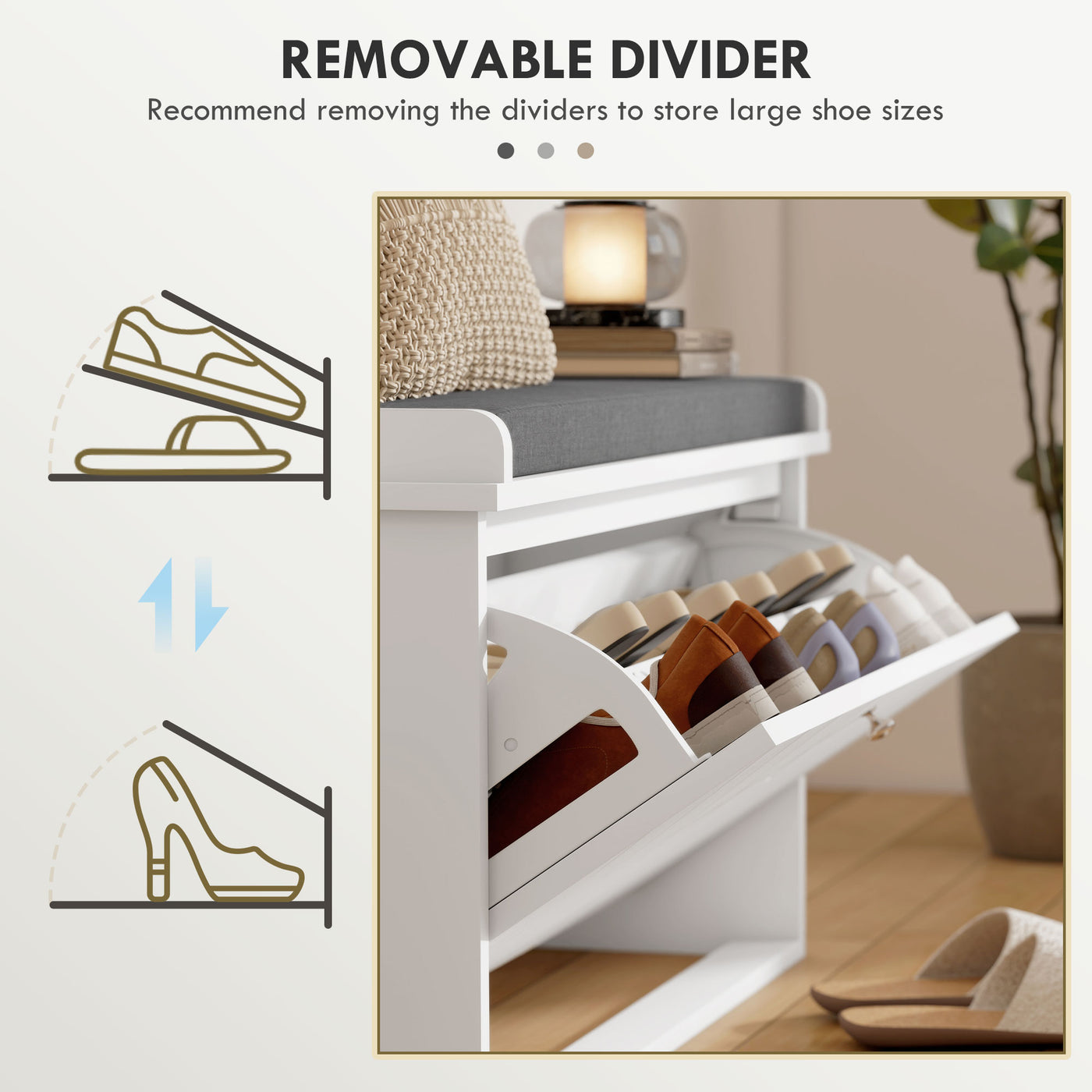 Shoe Storage with Seat, Upholstered Hallway Bench, Shoe Bench with Flip Drawer, Adjustable Shelf for 6-8 Pairs of Shoes