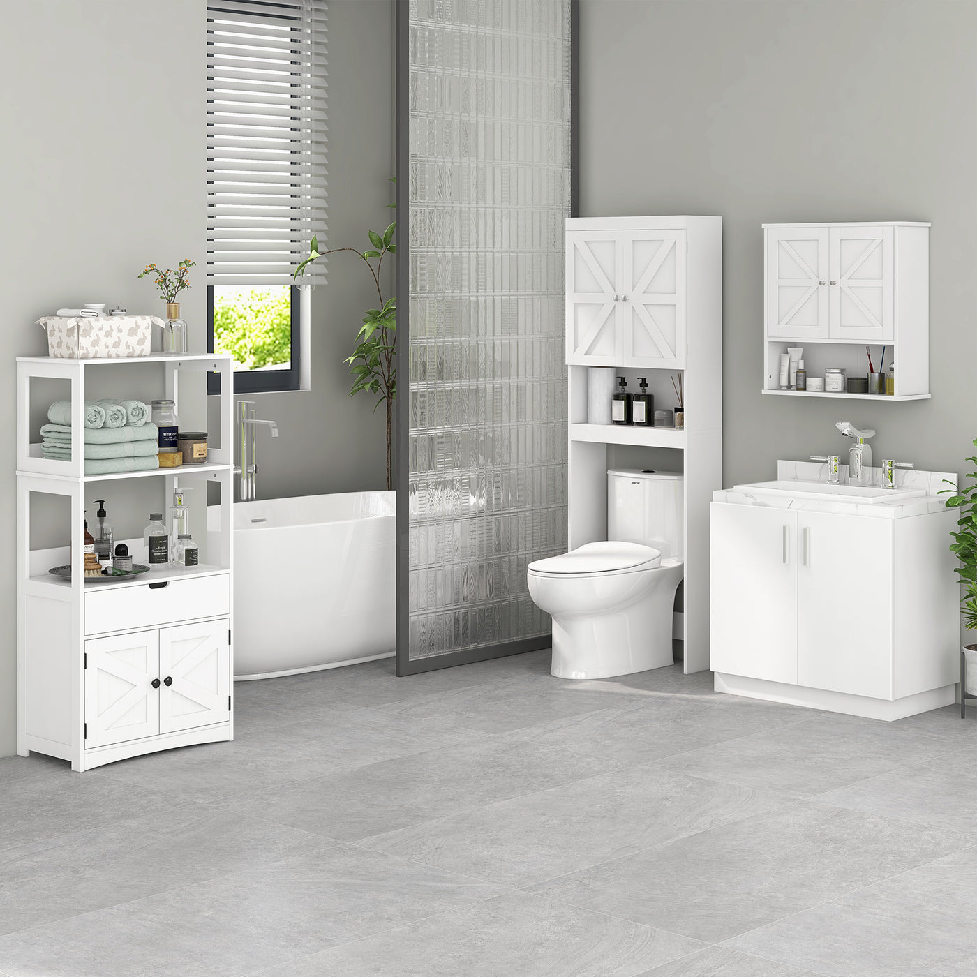 Farmhouse Bathroom Storage Cabinet, Linen Cabinet with Drawer and Shelves, 23.5" x 13" x 48.5", White