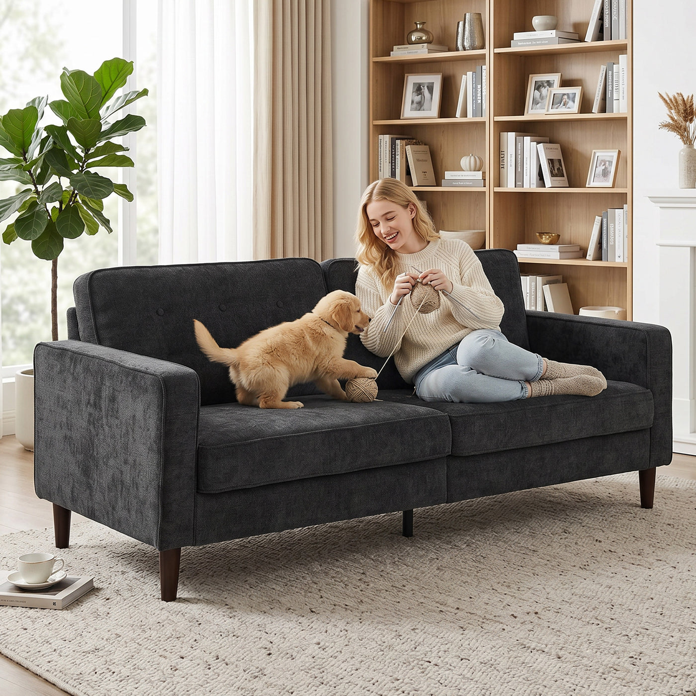 3 Seater Sofa Upholstered with Padded Cushion Modern Button Tufted Couch with Wood Legs, Dark Grey