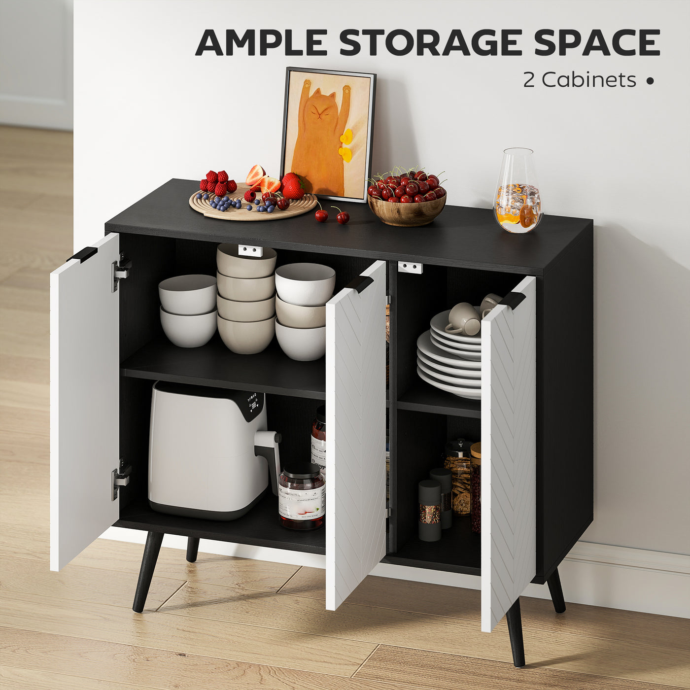Modern Sideboard and Buffet, Dining Room Cabinet with Adjustable Shelves and 3 Doors, Black