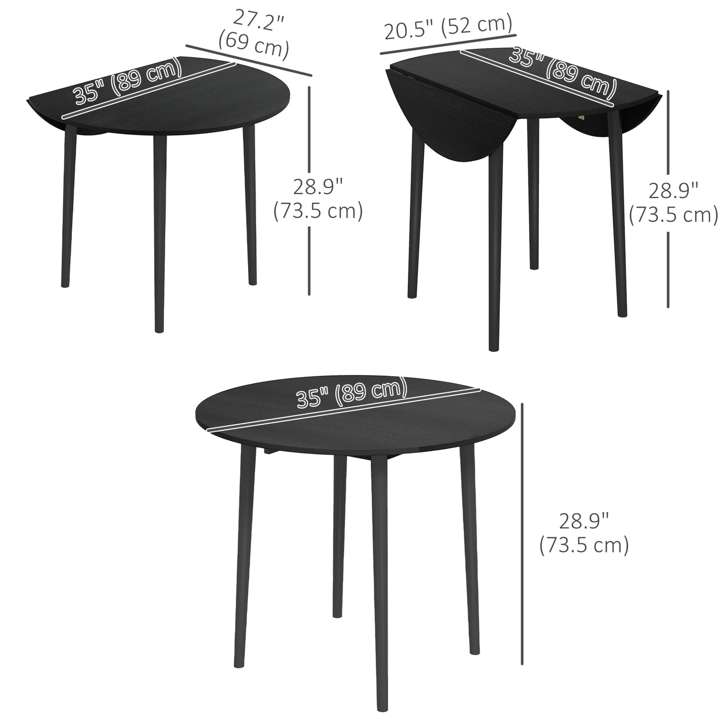 Folding Dining Table, Round Drop Leaf Kitchen Table for Small Spaces with Wood Legs, Distressed Black
