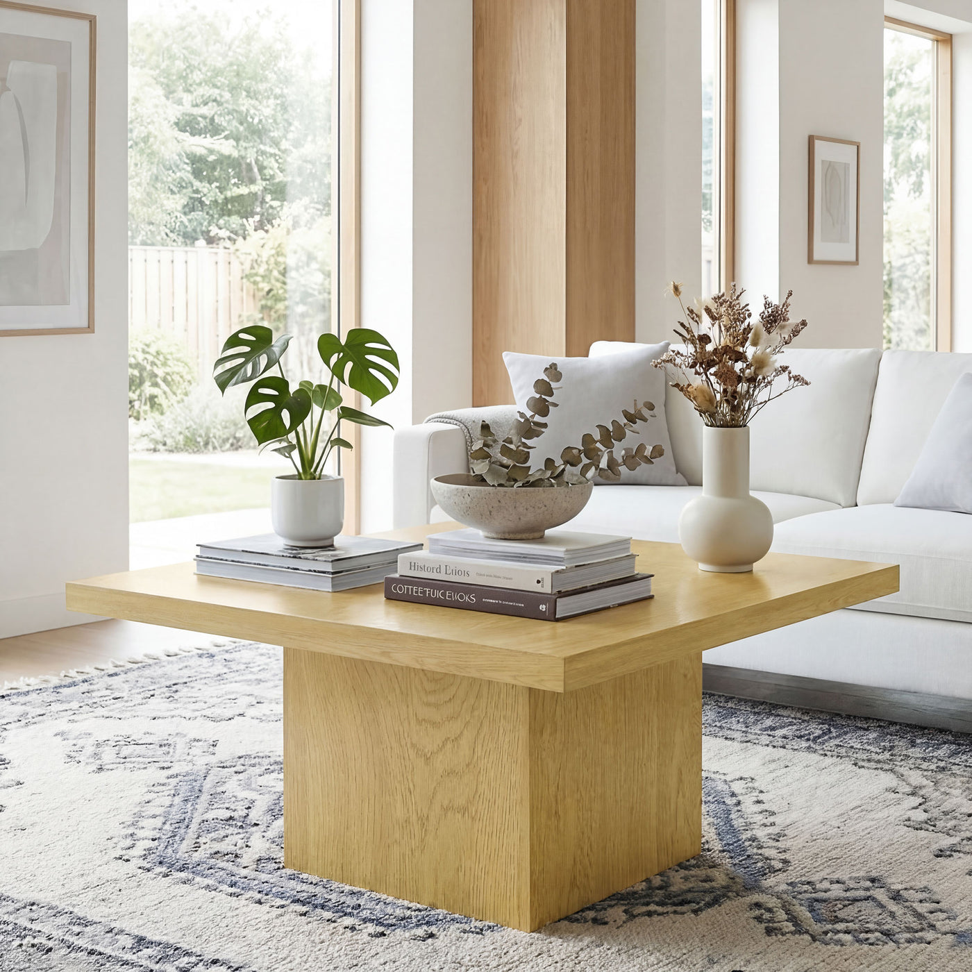 Square Coffee Table, Center Table with 1.6" Thick Tabletop, Natural Wood