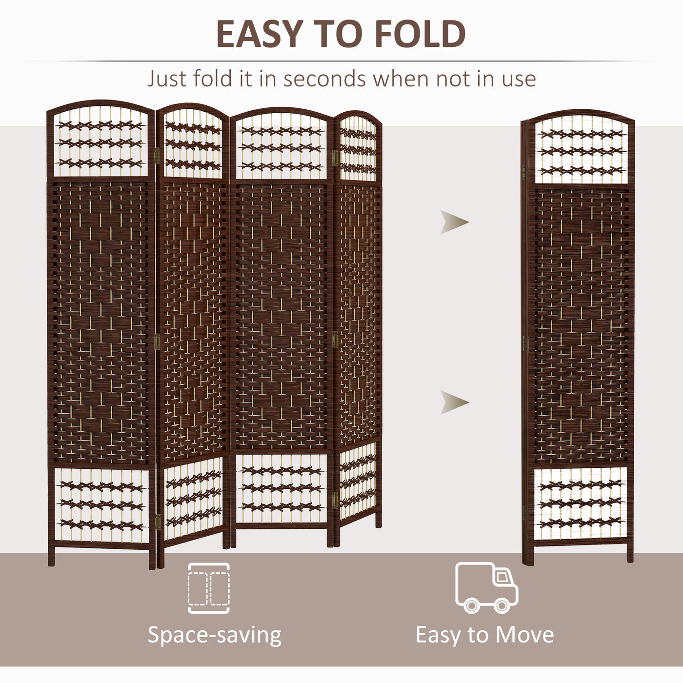 4 Panel Folding Room Divider, Portable Privacy Screen, Wave Fiber Room Partition for Home Office, Brown
