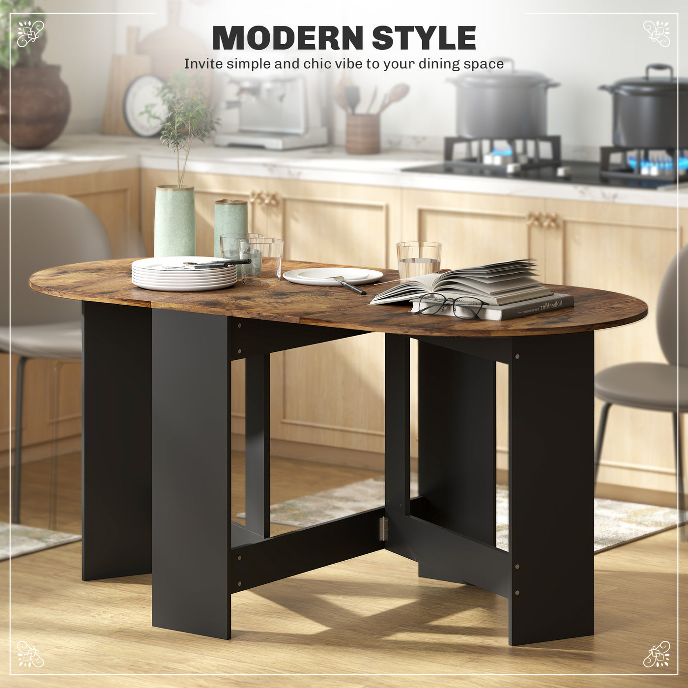 Oval Folding Dining Table, Space Saving Drop Leaf Kitchen Table for Dining Room, Living Room, Rustic Brown