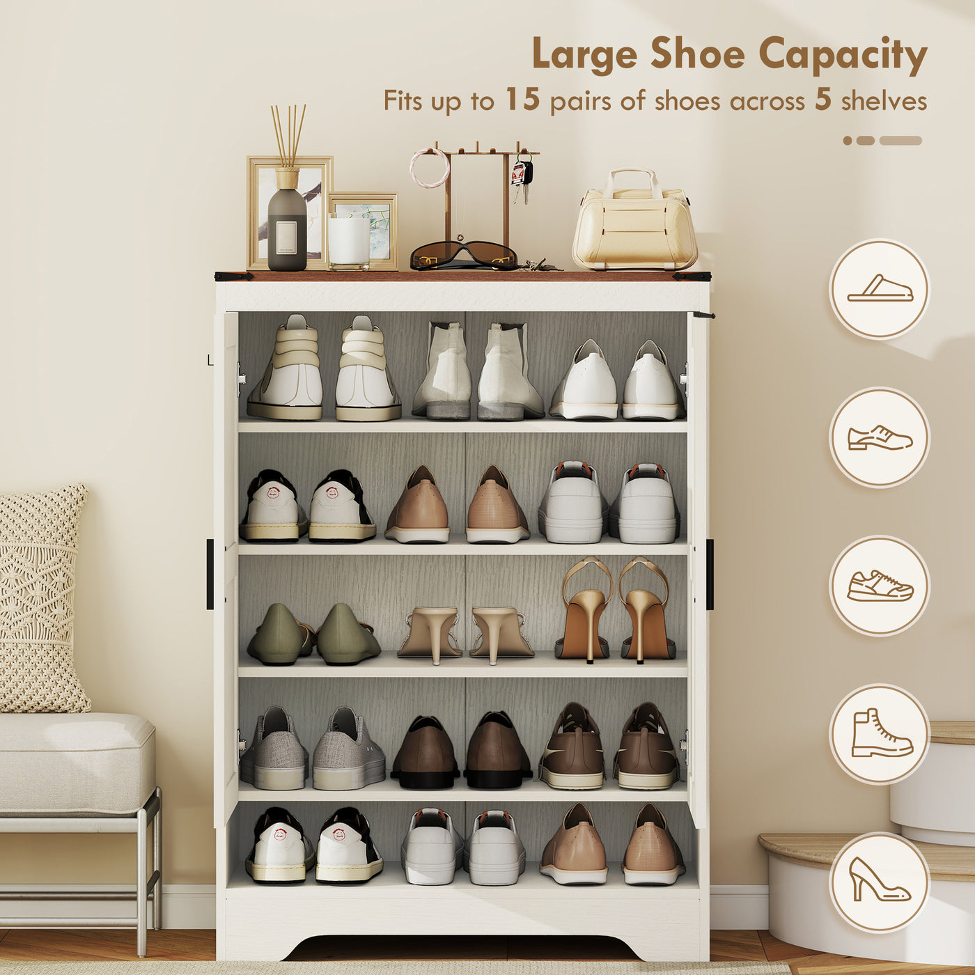 5-Tier Shoe Storage Cabinet for 15 Pairs, Freestanding Farmhouse Shoe Cabinet, White