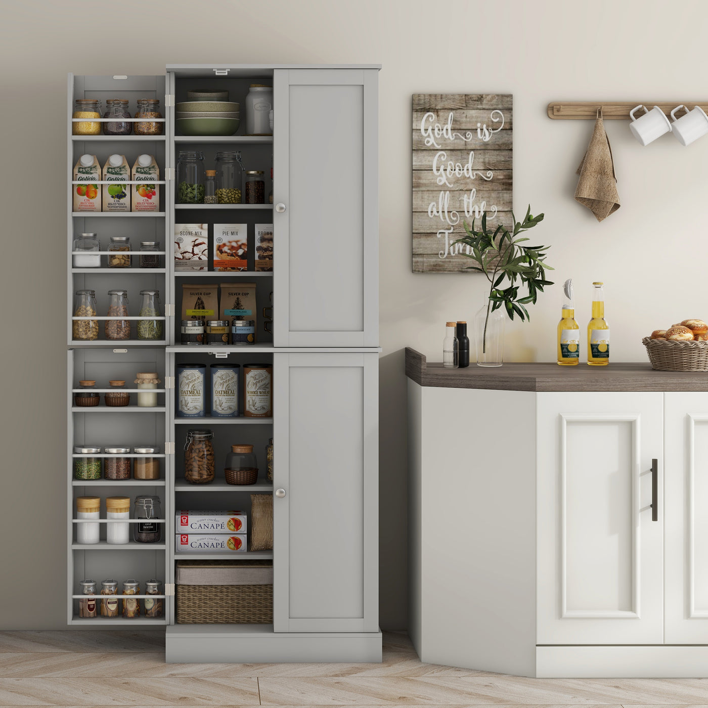 65" Kitchen Cabinet, Kitchen Pantry Cabinet with 4 Doors and 16 Door Shelves for Dining Room, Grey
