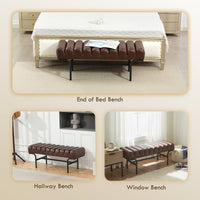 Bedroom Bench PU Leather End of Bed Bench with Cylindrical Seat and Metal Legs for Bedroom Living Room Hallway Brown