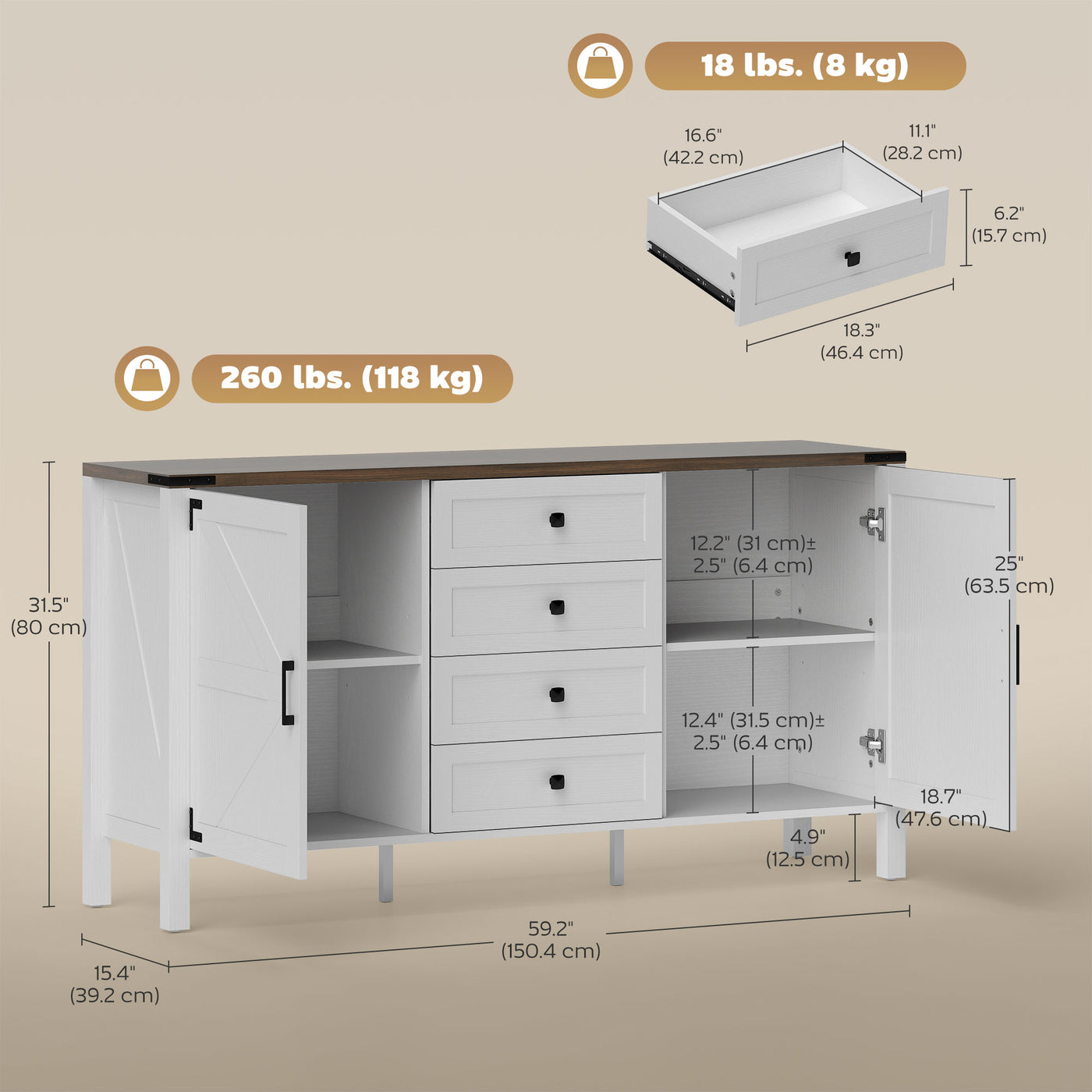 59" Buffet Cabinet, Farmhouse Sideboard with Thick Top, 2 Barn Doors, 4 Drawers and 2 Adjustable Shelves, White