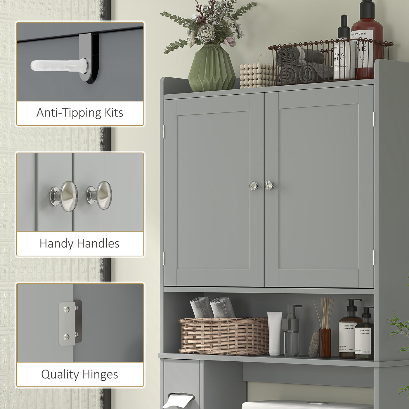Modern Over the Toilet Storage Cabinet with 2 Doors, Above Commode Storage Cabinet with Toilet Paper Holder, Grey