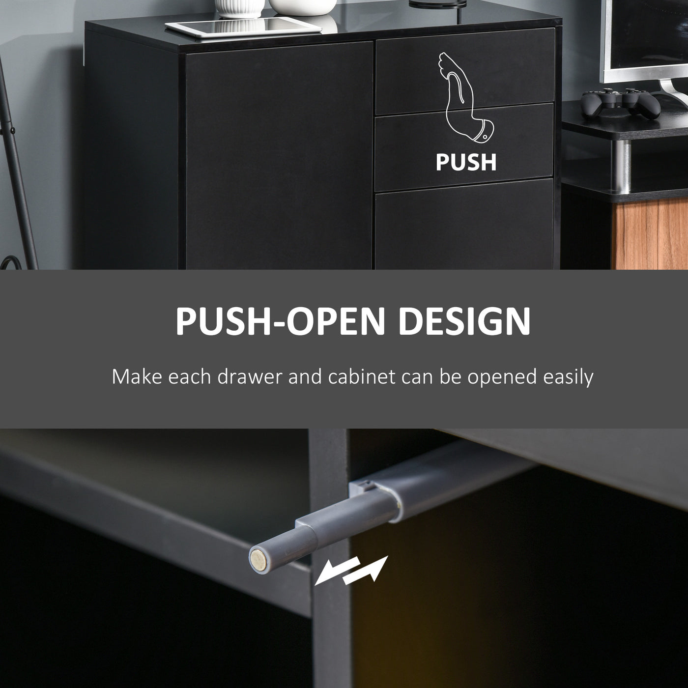High Gloss Buffet Sideboard with 2 Drawers, 2 Doors and Adjustable Shelf, Kitchen Storage Cabinet with Push Open Design, Black