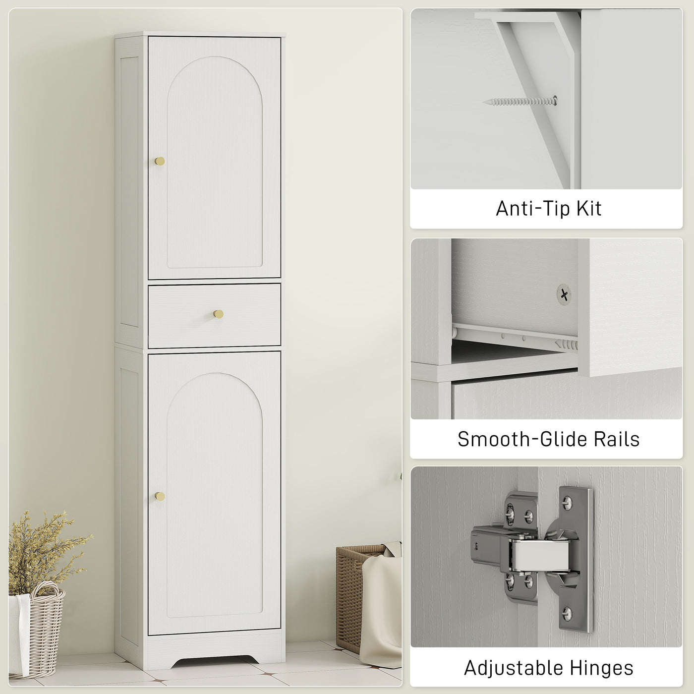 67" Tall Bathroom Cabinet, Slim Bathroom Storage Cabinet with 2 Doors, Drawer and Adjustable Shelf, White Wood Grain