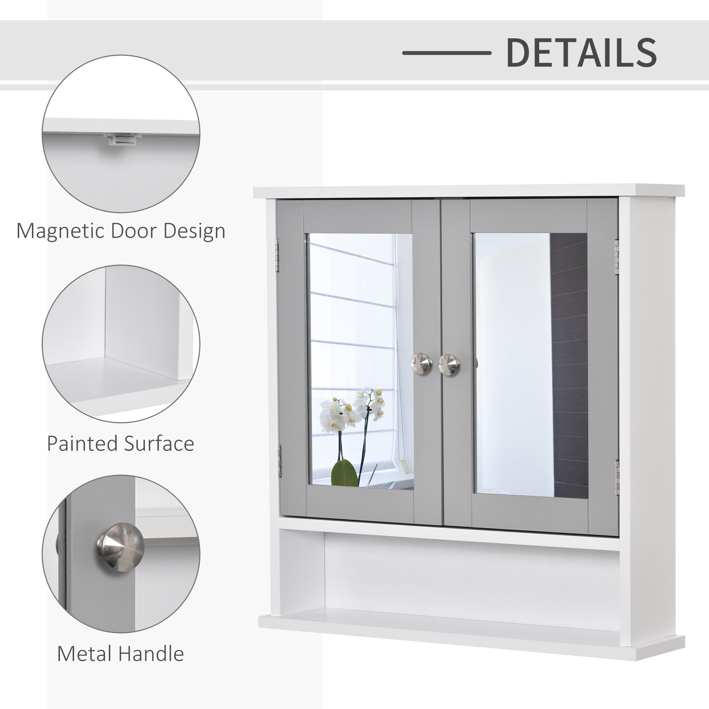 Medicine Cabinet, Wall-Mounted Bathroom Mirror Cabinet with Double Doors, Open Shelf, and Adjustable Shelf, Modern Bathroom Wall Cabinet, White and Grey