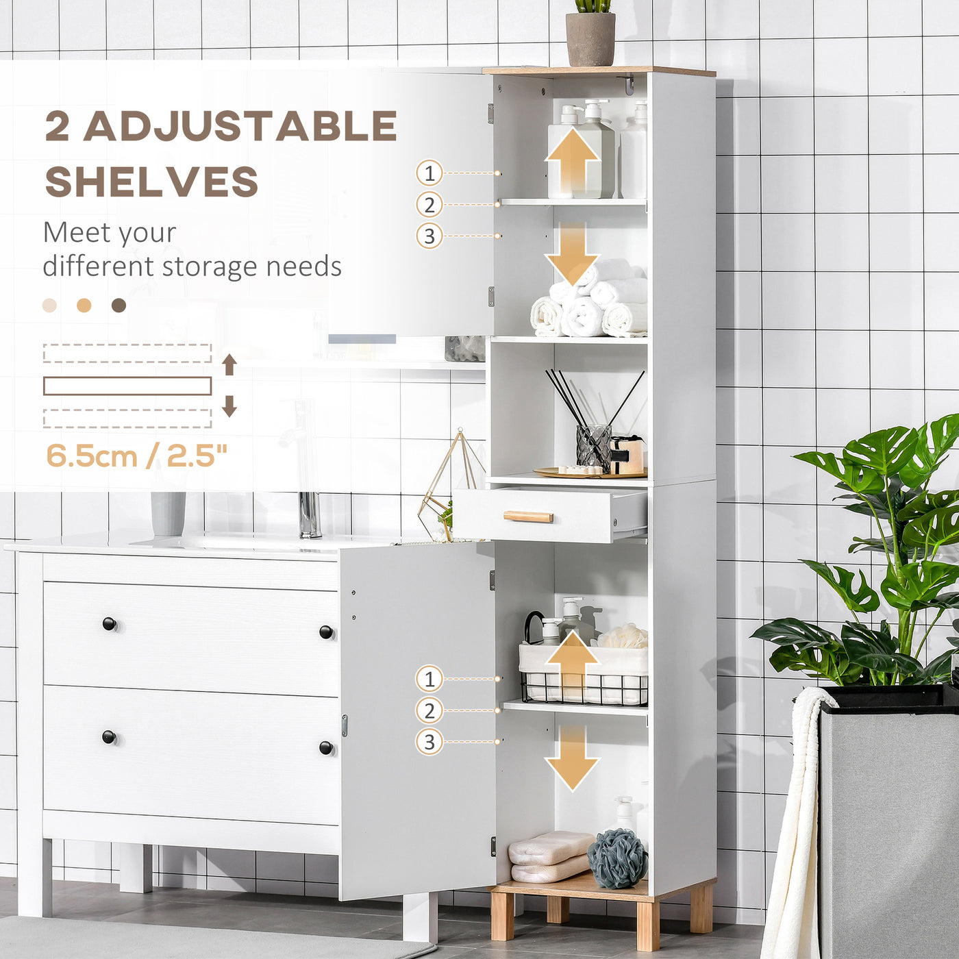 Bathroom Storage Cabinet with Cupboards and Drawer, Floor Free Standing Linen Tower, Tall Slim Side Organizer Shelves, White