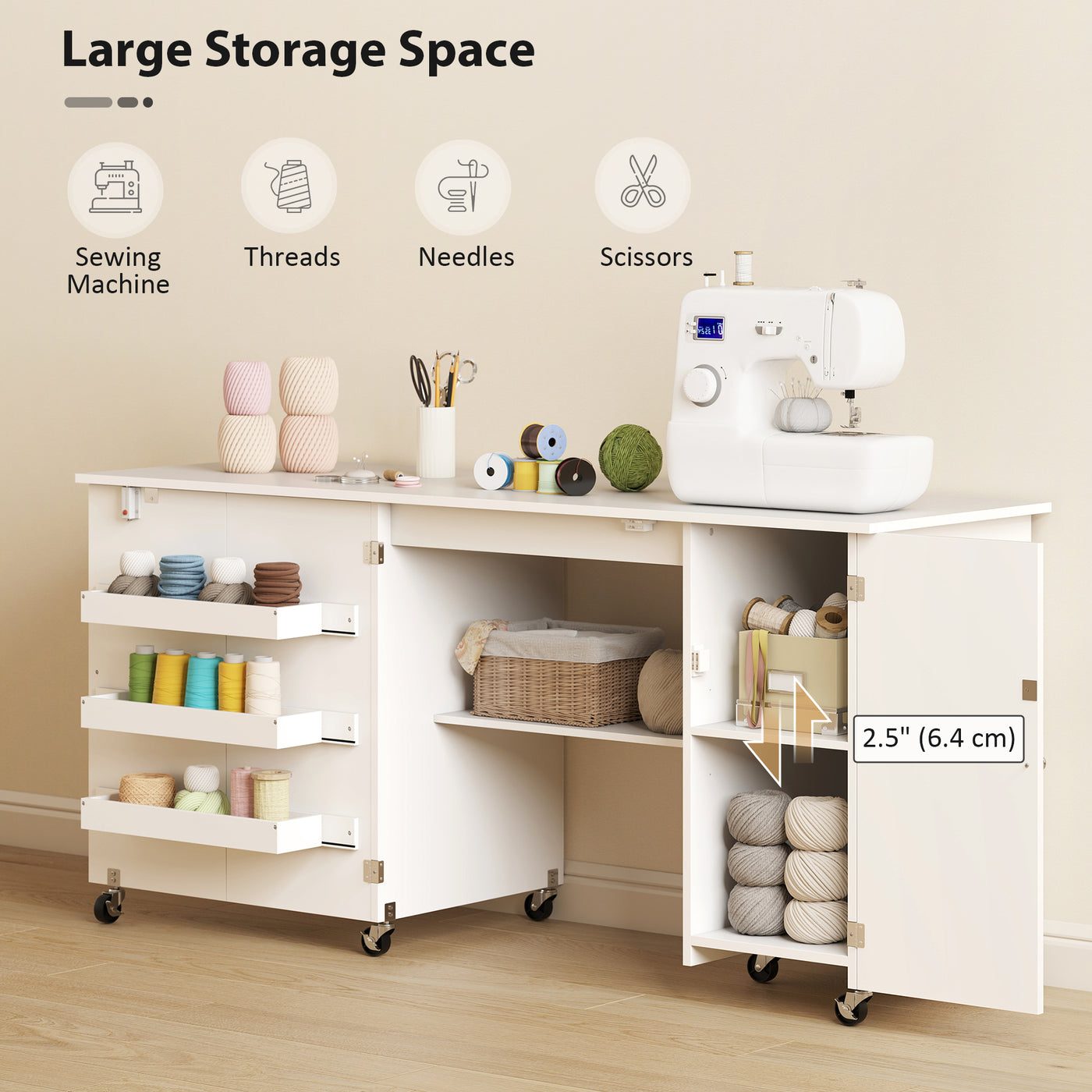 Sewing Machine Table with Drop Leaf, Folding Craft Table with 2 Doors and Adjustable Shelf for Small Spaces, White