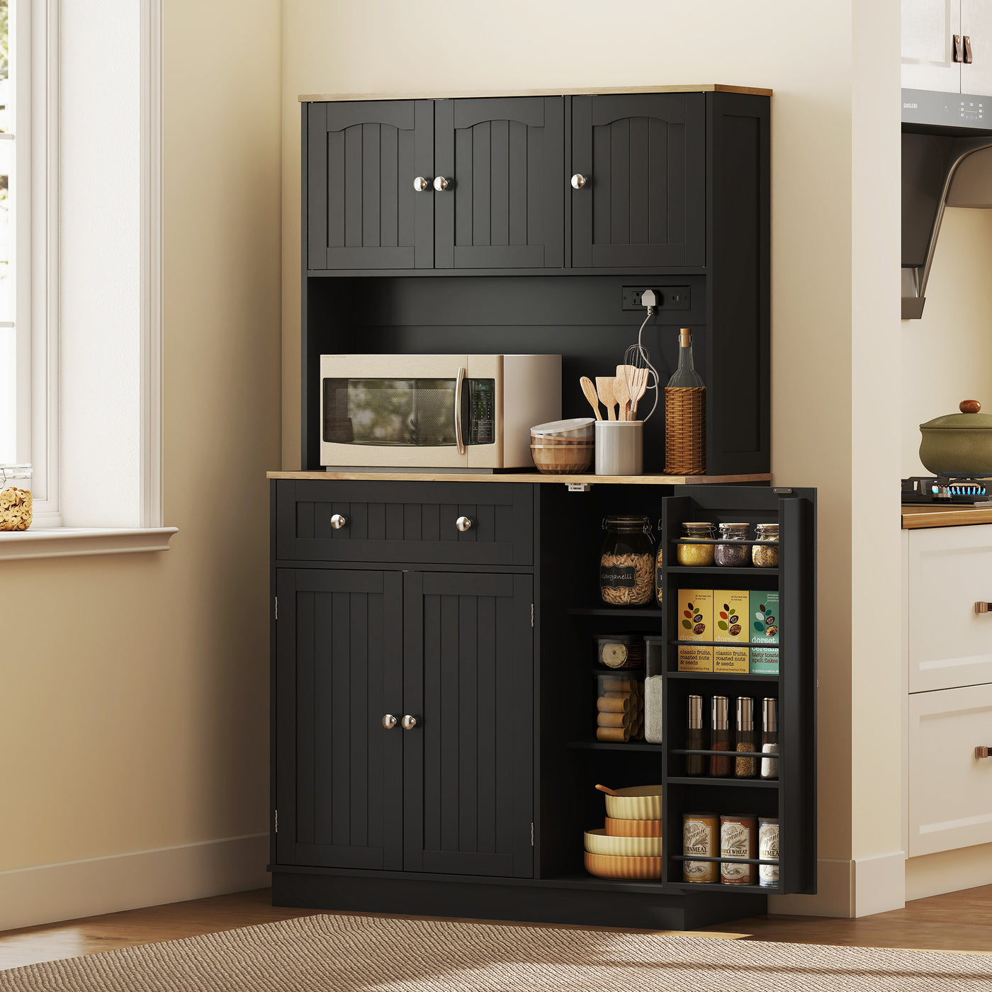 68" Pantry Cabinet with Charging Station, Kitchen Storage Cabinet with Microwave Stand, 4 Door Racks, Black