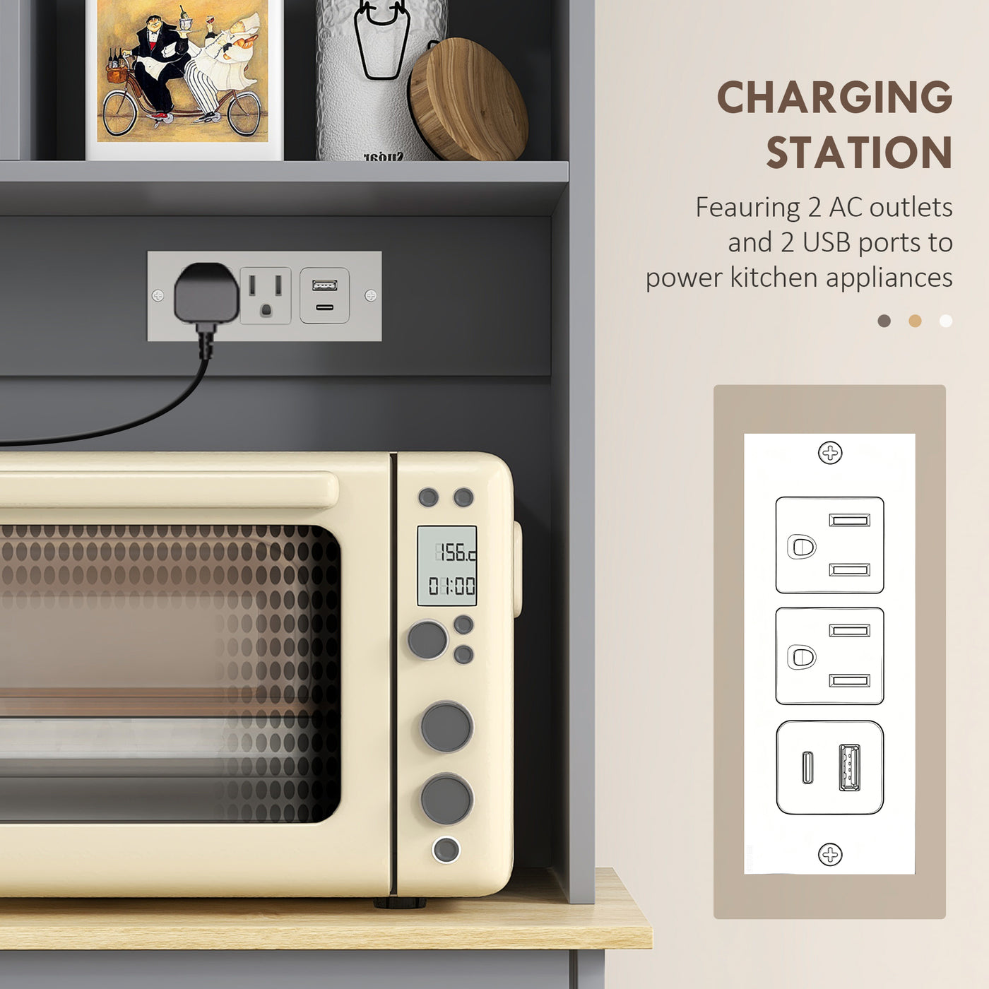 Kitchen Cabinet with Charging Station, 2 Tilt Out Cabinets, Microwave Stand, Freestanding Kitchen Pantry Cabinet, Grey