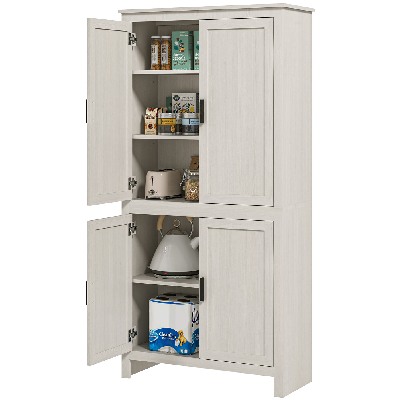 64" Kitchen Pantry Cabinet, Freestanding Storage Cabinet with 4 Doors, 3 Adjustable Shelves, Antique White