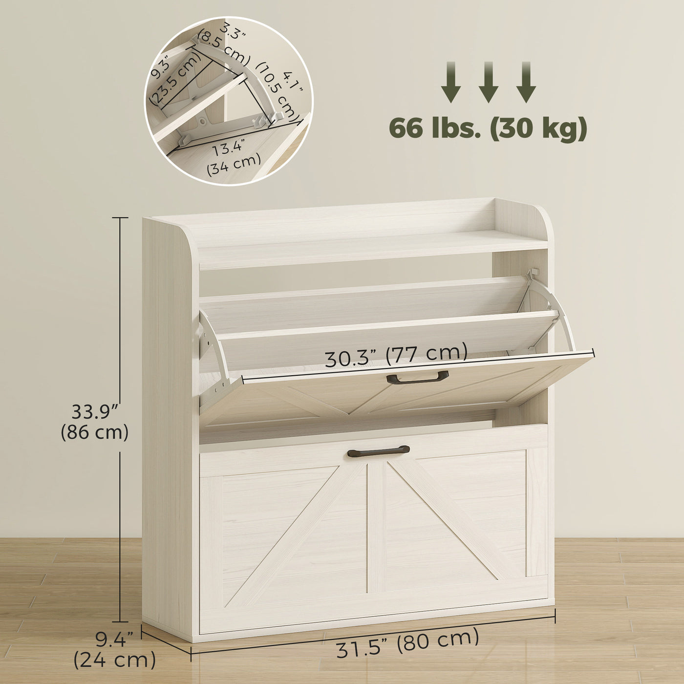 Narrow Shoe Storage Cabinet, Farmhouse Slim Shoe Cabinet with 2 Flip Drawers, Adjustable Shelves, White Oak