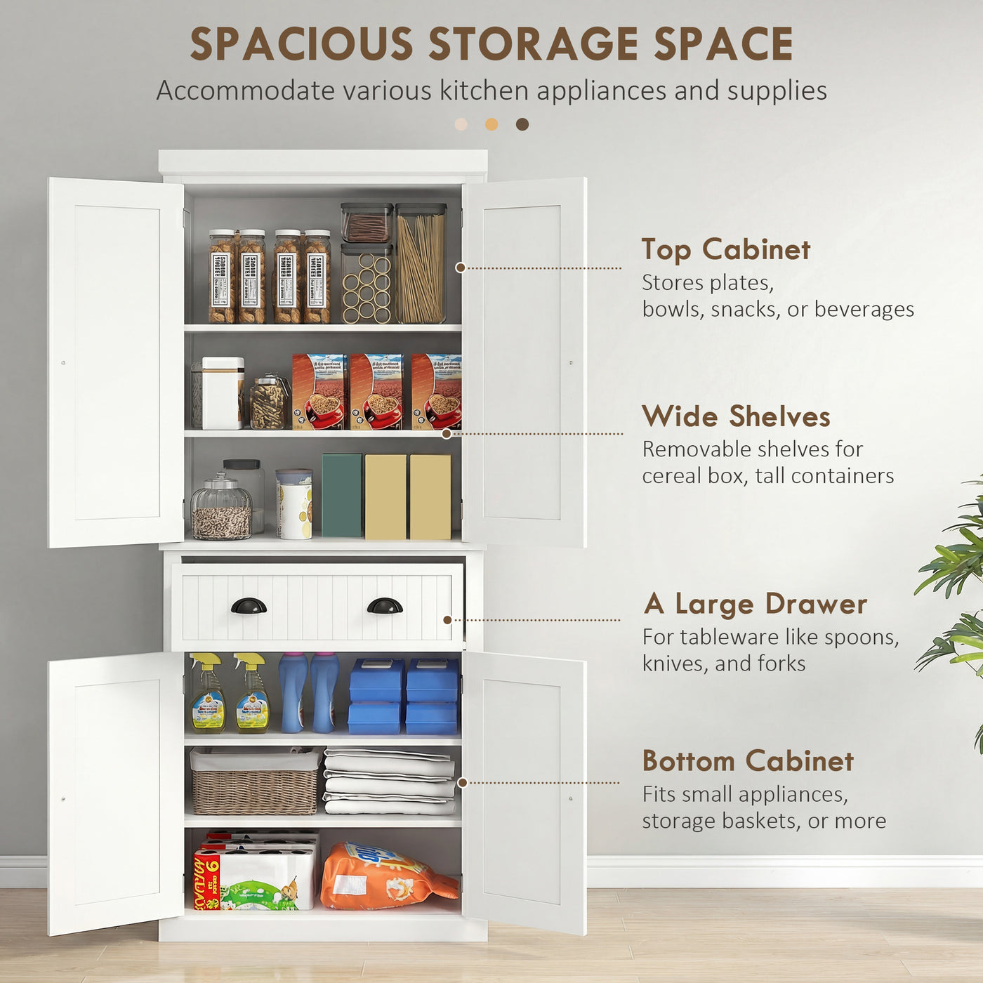 72" Kitchen Pantry, Freestanding Storage Cabinet with Drawer, Doors, Cream White