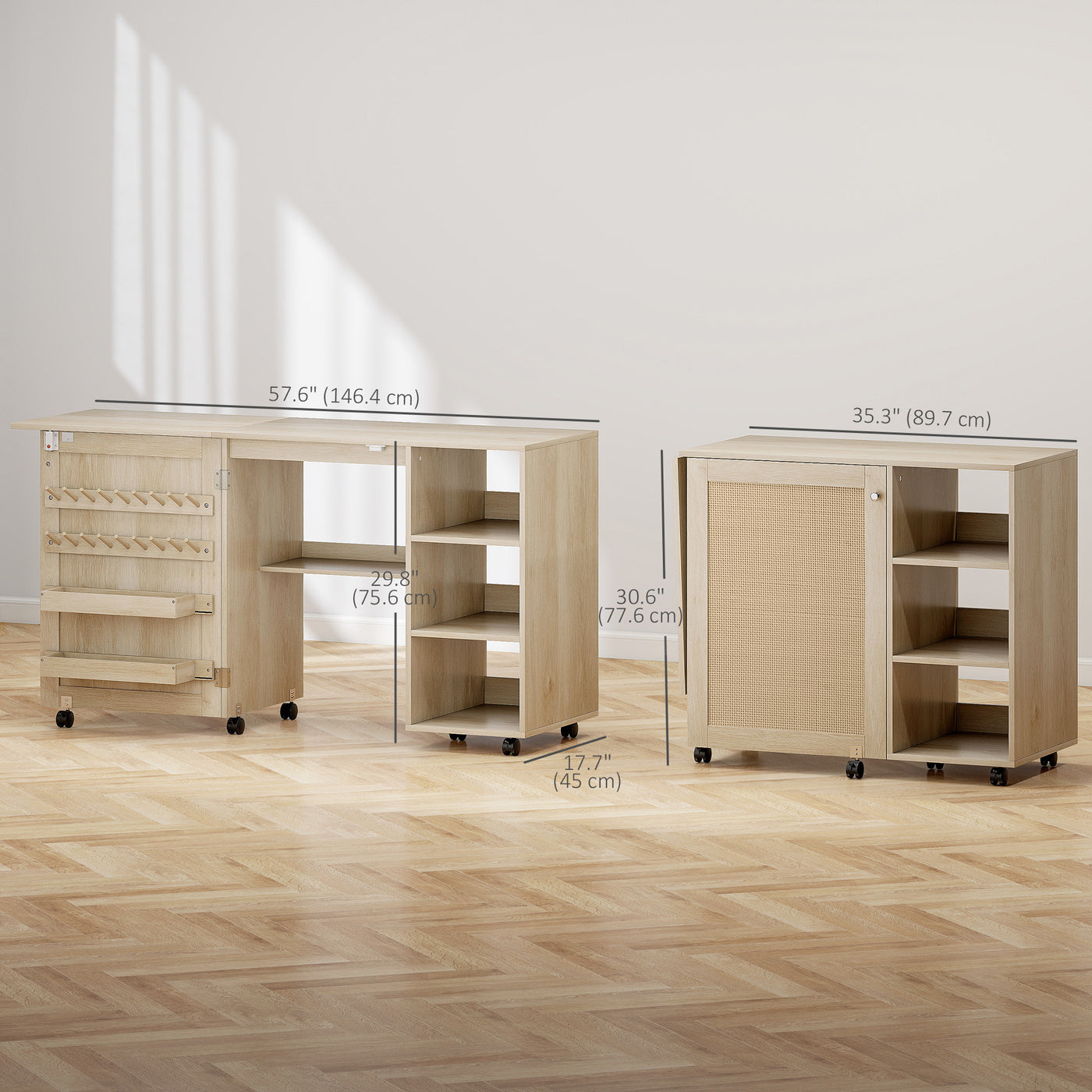 Sewing Machine Table with Drop Leaf, Folding Craft Table Rattan Door and Storage Shelves for Small Spaces, Natural
