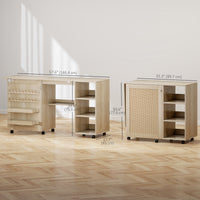 Sewing Machine Table with Drop Leaf, Folding Craft Table Rattan Door and Storage Shelves for Small Spaces, Natural