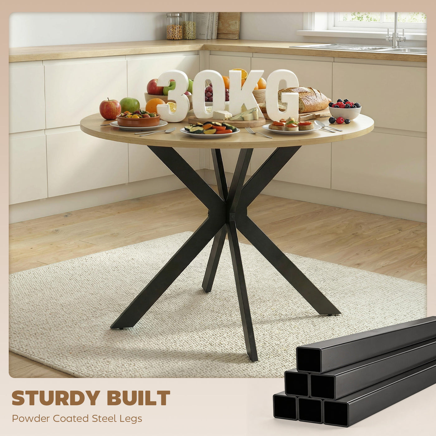 39" Dining Table, Contemporary Round Kitchen Table with Steel Legs, Brown Wood Grain