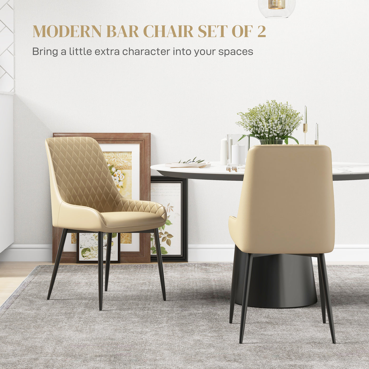 Upholstered Kitchen Chairs, Modern Dining Chairs Set of 2 with Diamond Tufting and Steel Legs for Dining Room, Khaki