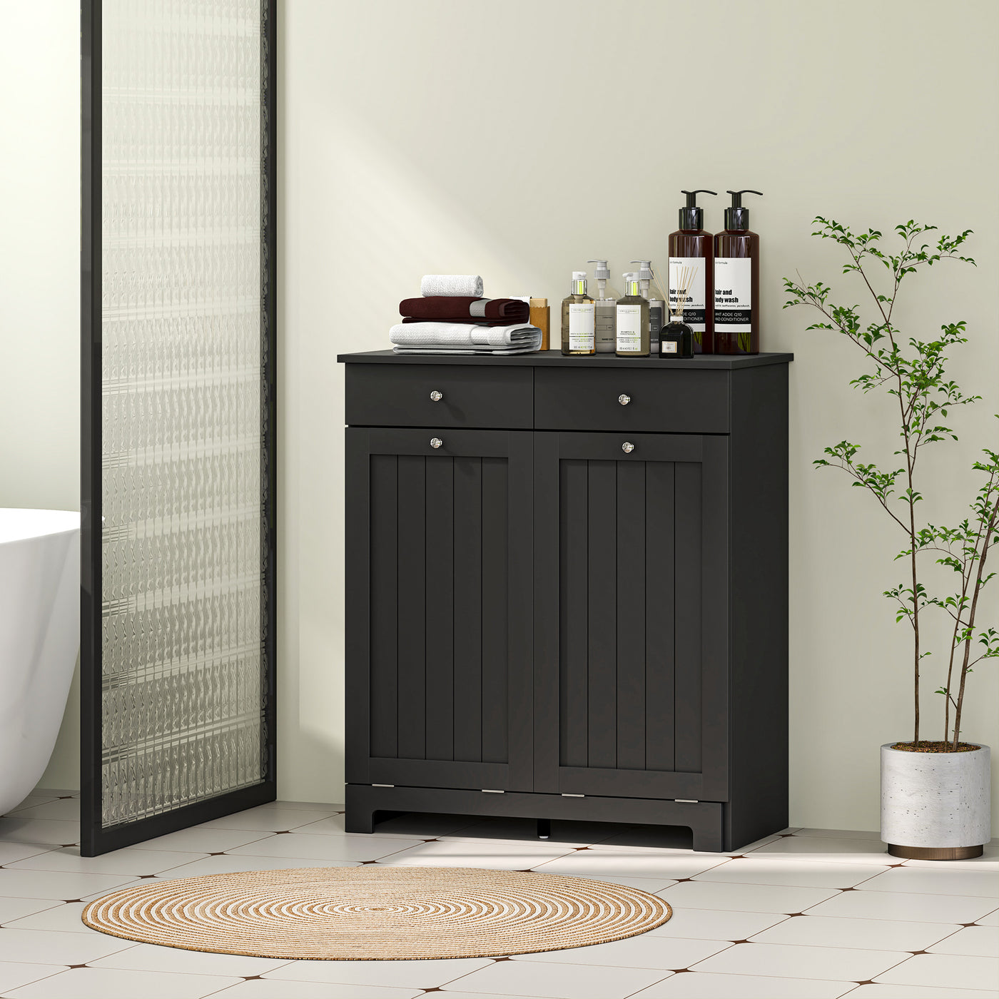 Laundry Cabinet, Tilt Out Laundry Hamper Cabinet with 2 Baskets, Bathroom Hamper Cabinet with 2 Drawers, Black