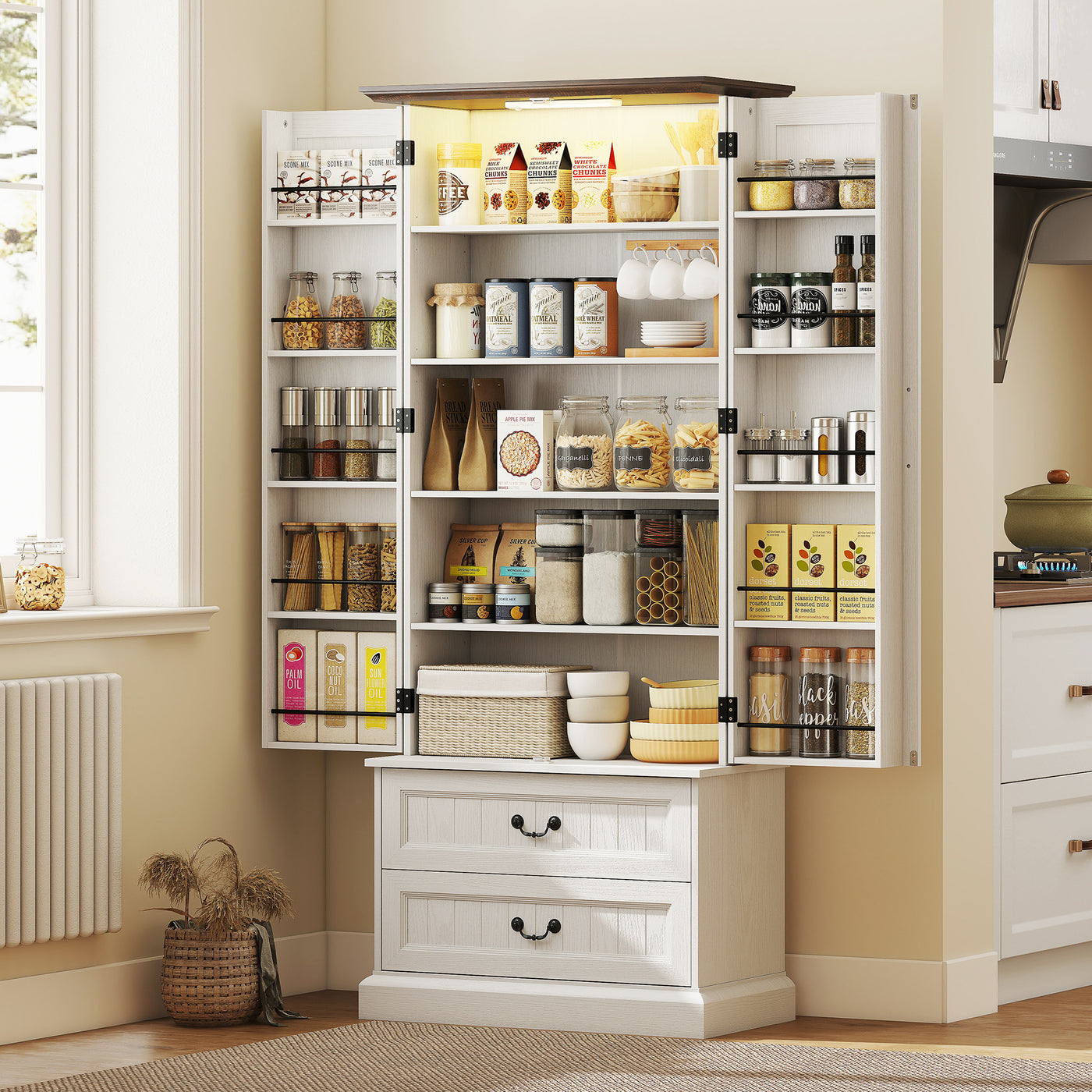 72" LED Kitchen Pantry Cabinet, Buffet Storage Cabinet with 10 Door Shelves, 2 Drawers and Adjustable Shelves, White