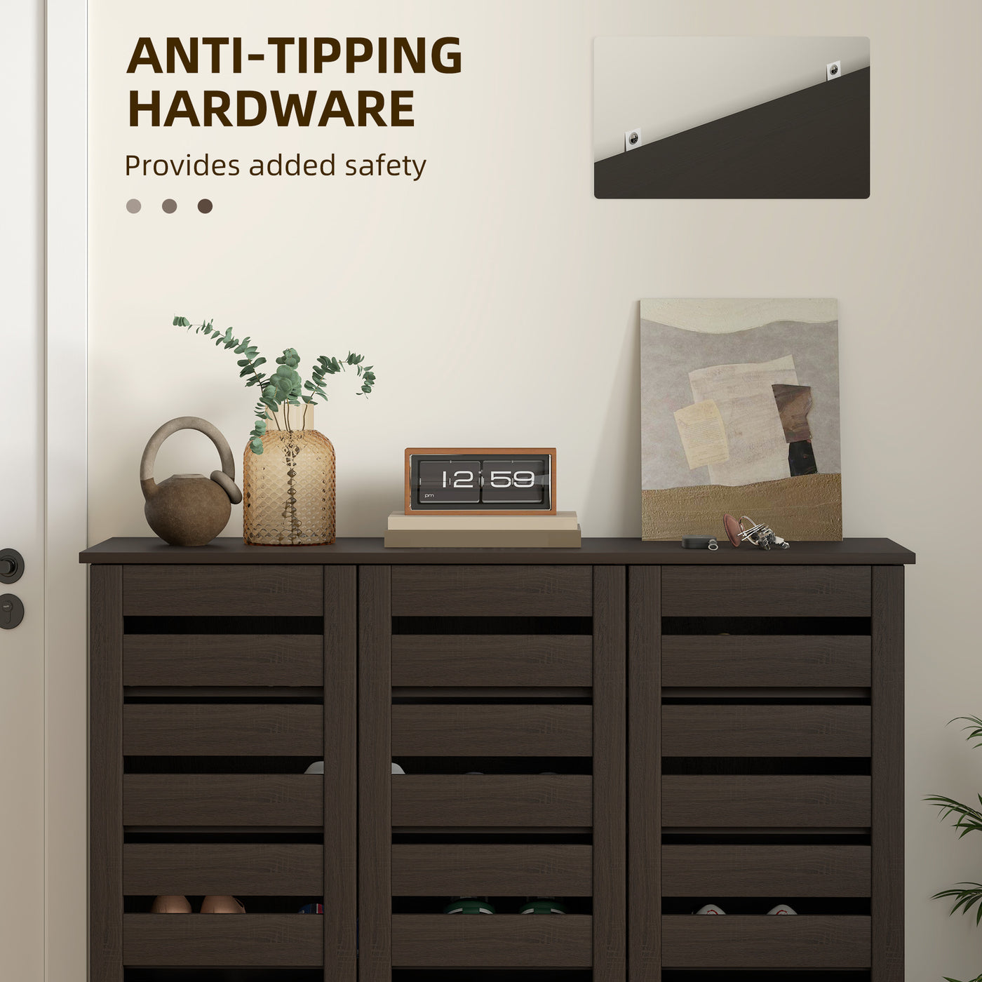 Narrow Shoe Cabinet with Slatted Doors, Adjustable Shelves for 20 Pairs of Shoes, Shoe Cabinet for Entryway, Dark Brown