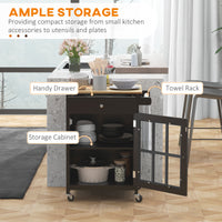 Rolling Kitchen Cart with Drawer and Glass Door Cabinet, Kitchen Island on Wheels with Towel Rack, Black