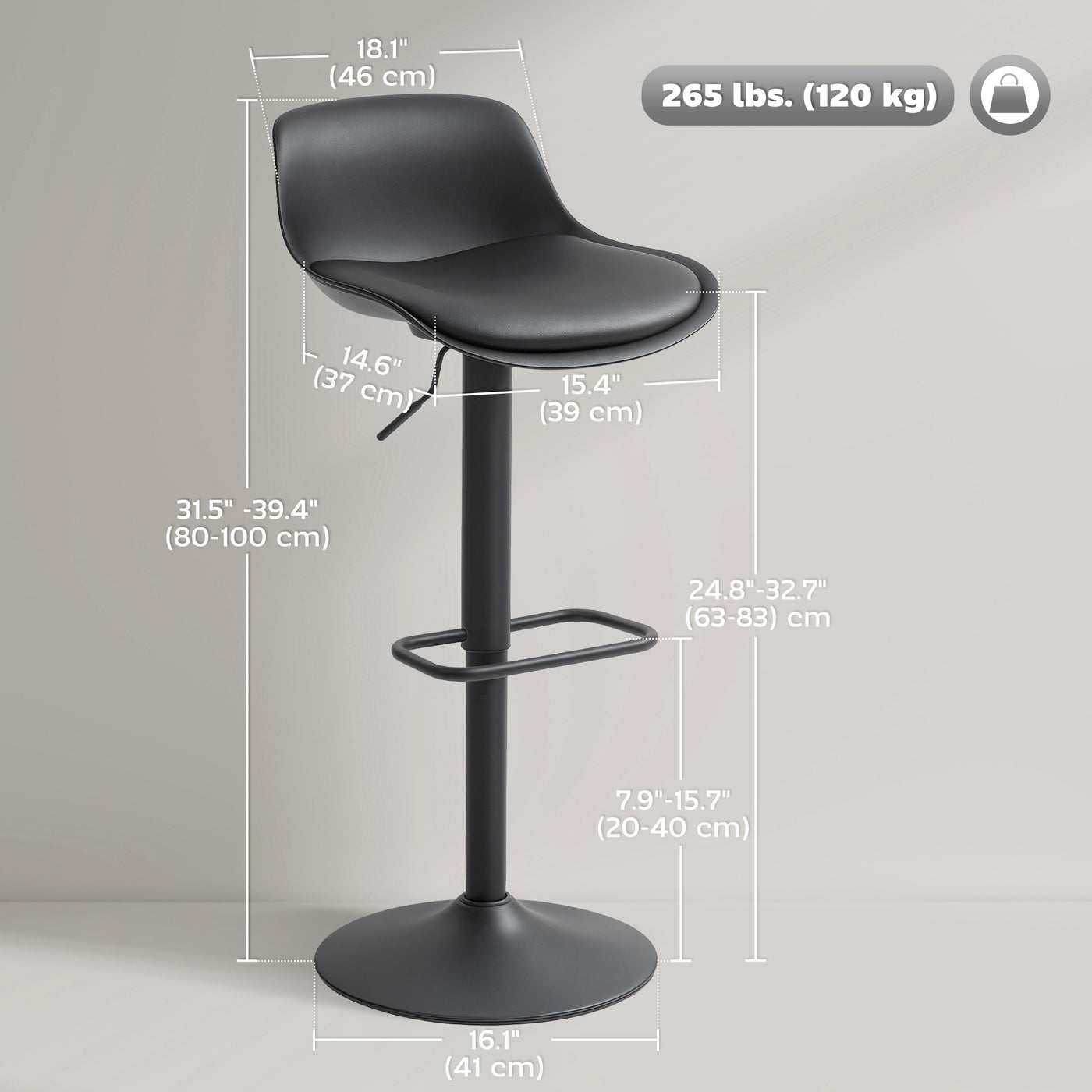 Counter Height Bar Stools Set of 2, Streamlined Bar Chairs with Adjustable Height and Swivel PU Leather Seat, Black