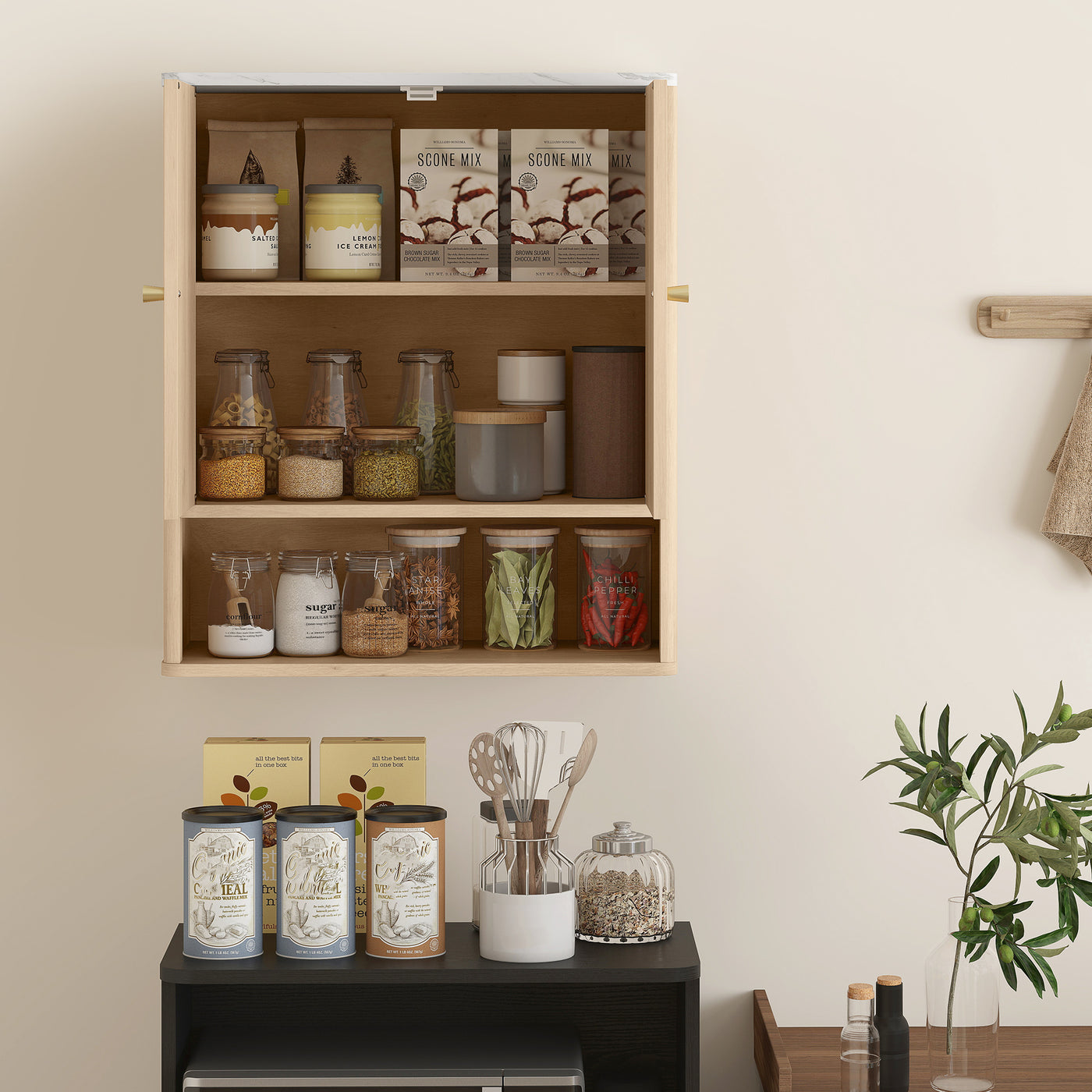 Bathroom Wall Cabinet, Wall-Mounted Medicine Cabinet with Adjustable Shelf, Open Shelf and Marble Effect Top, Oak