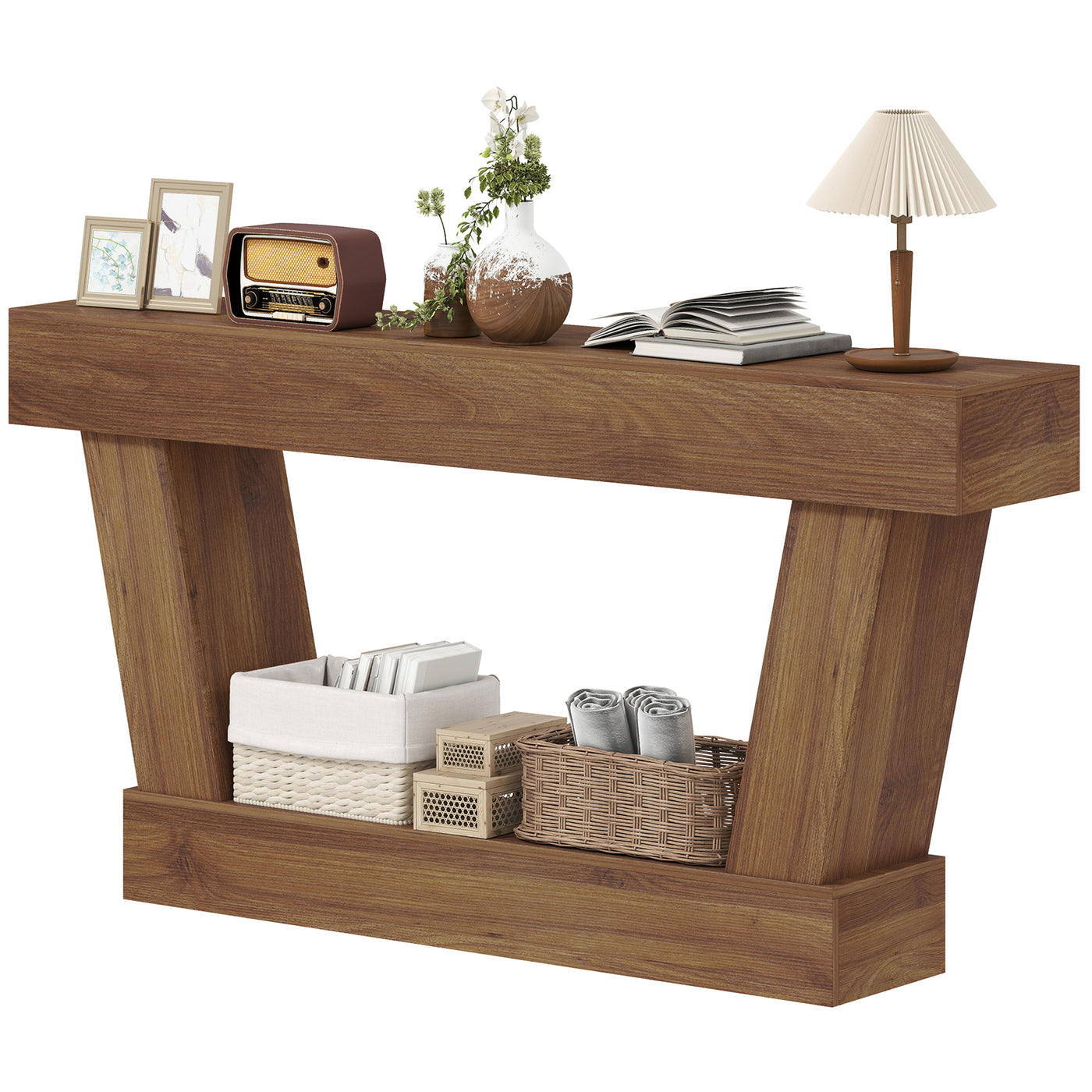 63 Inch Vintage Console Table, Narrow Entryway Table with Open Shelf for Living Room, Dark Brown
