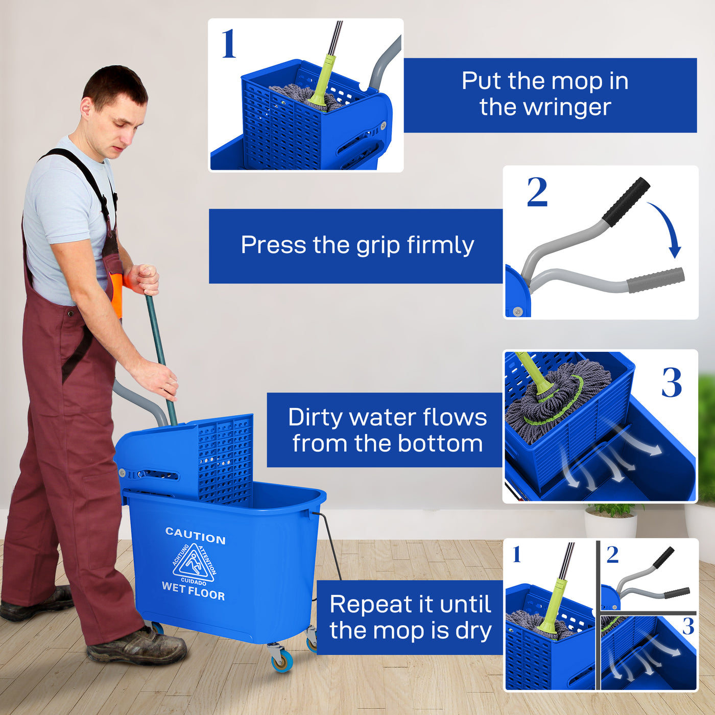 Compact Mop Bucket with Wringer, Mop Bucket on Wheels for Floor Cleaning, 5 Gallon, Separate Dirty and Clean Water, Blue