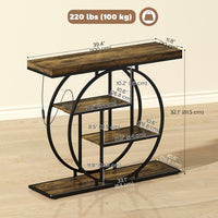 4-Tier Entryway Table with Charging Station LED Lights 39" Console Table with Circle Base for Living Room, Rustic Brown