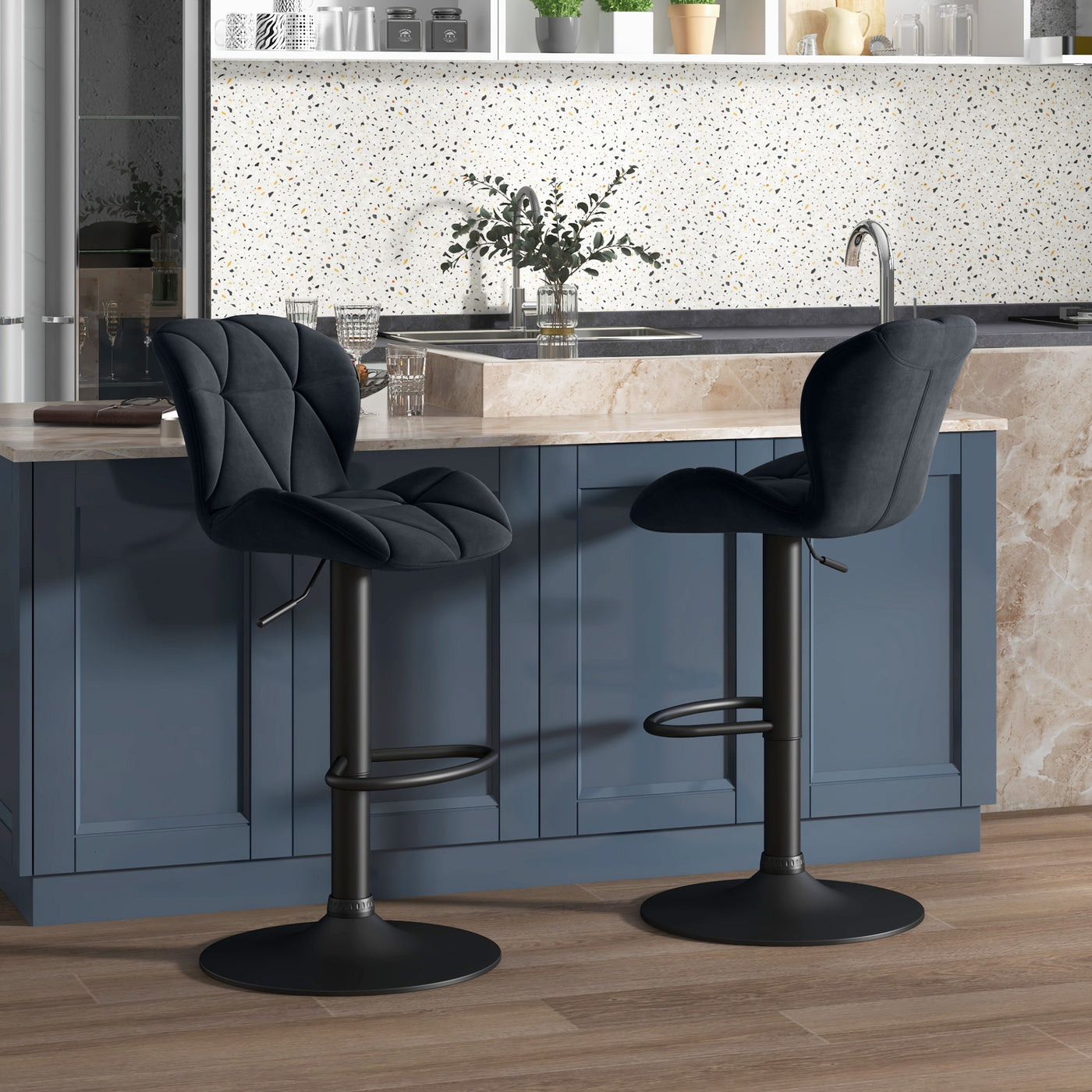 Bar Stool Set of 2 Fabric Adjustable Height Armless Upholstered Counter Chairs with Swivel Seat, Black